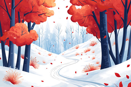 冬季雪景畫，紅樹林和雪