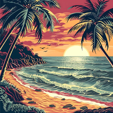 熱帶海灘夕陽風(fēng)景，棕櫚樹和海浪