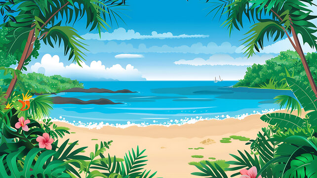 熱帶海灘風(fēng)景圖，棕櫚樹和海洋景色