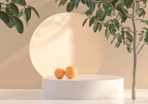 簡(jiǎn)約橙色水果與綠葉產(chǎn)品展示臺(tái)