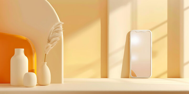 極簡(jiǎn)主義3D渲染手機(jī)模型，配花瓶和蒲公英