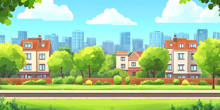 卡通郊區(qū)風(fēng)景，房屋和樹木