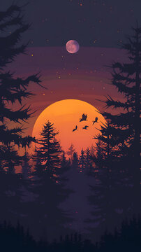 夜晚森林剪影與滿月星空
