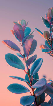 粉紅天空下的綠葉特寫
