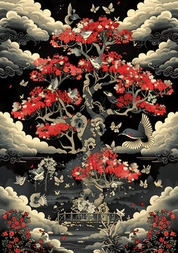 黑金樹上紅花白鳥