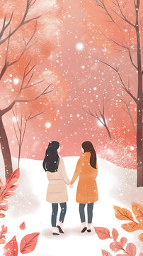 冬天雪景下兩個(gè)女孩漫步