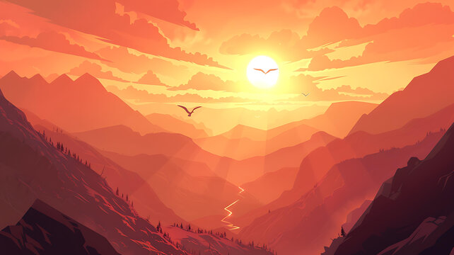 山巒夕照風(fēng)景，飛翔的鳥兒