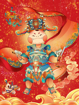 蛇年生肖卡通文武全才畫卷插畫
