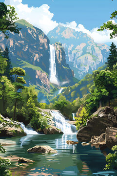 高山瀑布風(fēng)景畫