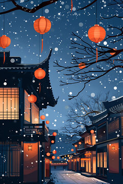 紅燈籠下的雪夜古鎮(zhèn)