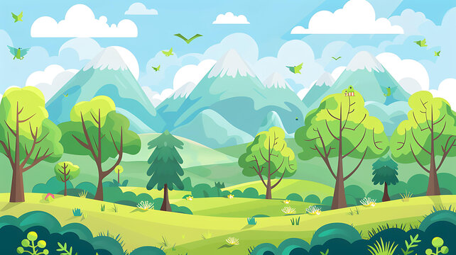綠色山脈和樹木的卡通風(fēng)景
