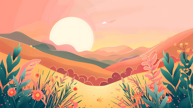 夕陽(yáng)山巒花海風(fēng)景