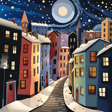 冬夜小鎮(zhèn)的雪景
