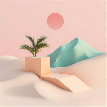 極簡風(fēng)格沙漠場景3D渲染圖，棕櫚樹和山峰