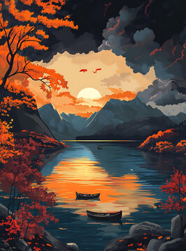 山間湖泊秋色風(fēng)景畫