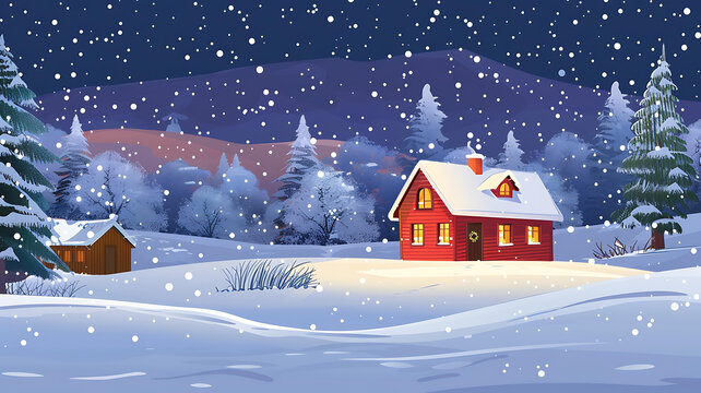 冬季雪景中的紅色小屋
