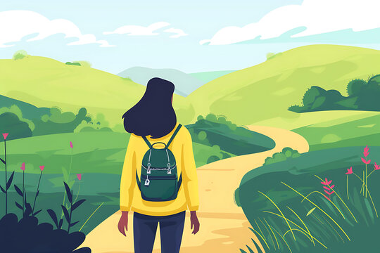 綠色的山丘上的小路，女子徒步旅行