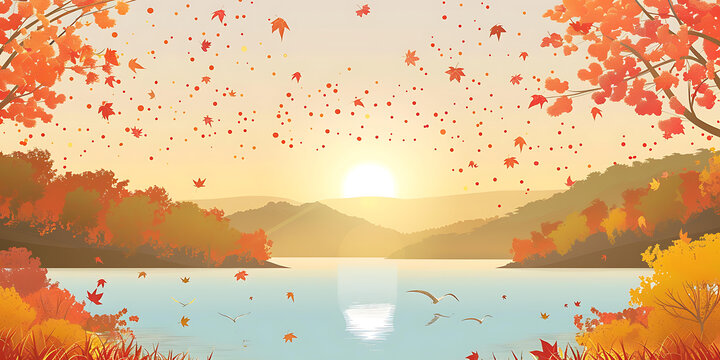 秋葉飄落，夕陽余暉下的湖光山色