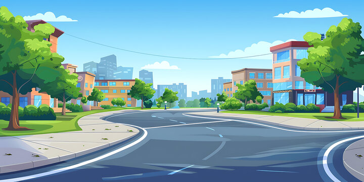 卡通城市街道綠樹風景