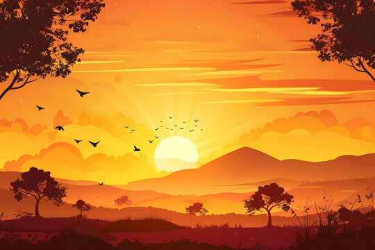 山川夕照，樹(shù)木剪影，風(fēng)景如畫(huà)