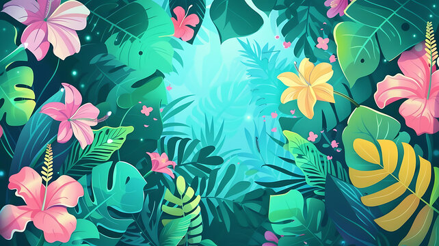 熱帶花卉和樹葉圖案背景