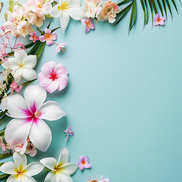 藍(lán)色背景上的熱帶花卉布置