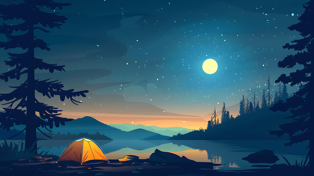 星空下的湖邊露營