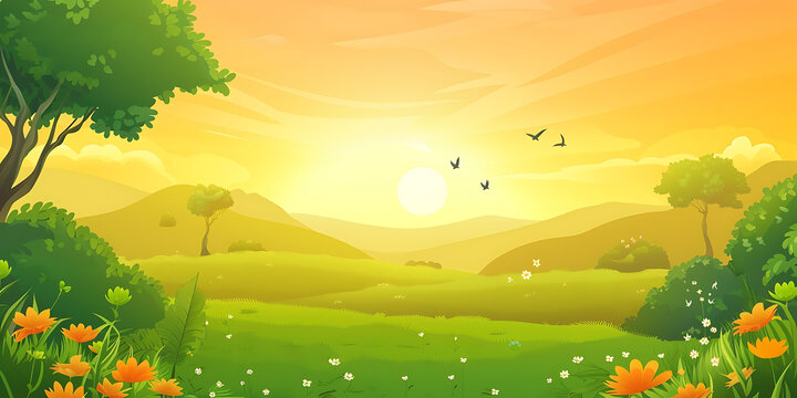 綠草如茵 山巒疊嶂 夕陽西下 風(fēng)景如畫