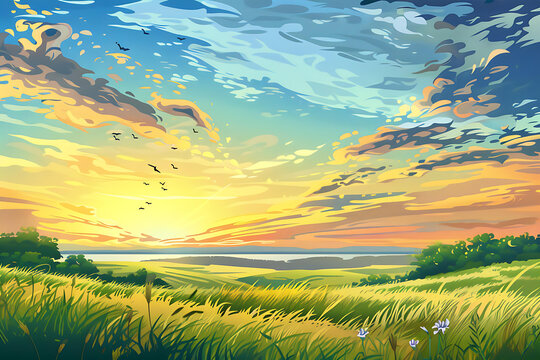 美麗的夕陽天空，田野上的草地和飛鳥