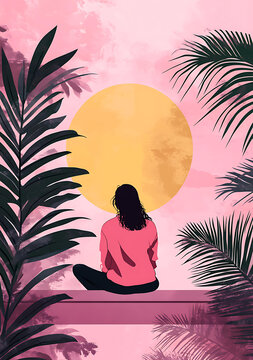 粉紅色露臺上的女人，望著太陽