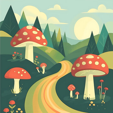 紅色和白色蘑菇的森林小路
