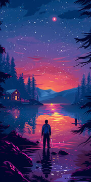 星空下湖邊站立的男人