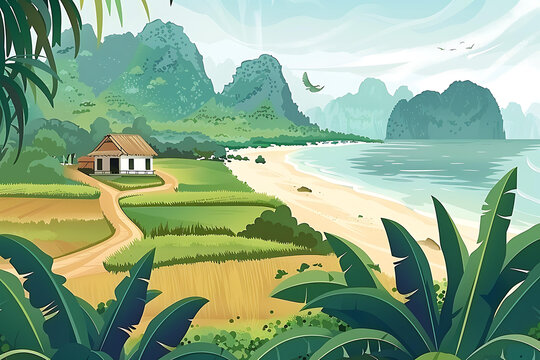 熱帶海灘風(fēng)景畫，房屋與山脈