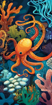 深海珊瑚礁里的橙色章魚(yú)