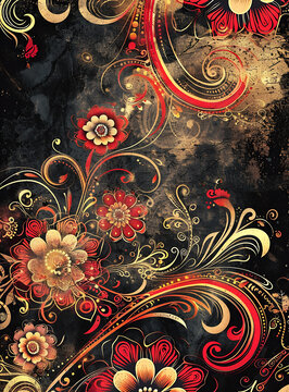 黑色背景上的抽象紅色和金色花卉圖案