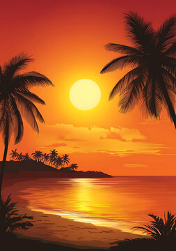 夕陽下海灘的棕櫚樹剪影風(fēng)景