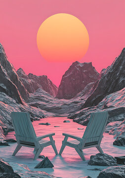 山谷夕陽下的兩把椅子