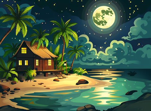 熱帶海灘小屋夜間
