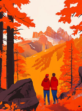 秋季山峰景觀，兩人觀賞山景