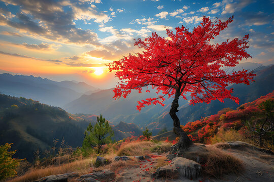 山頂夕陽下的紅楓樹