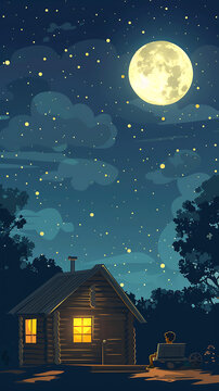 夜晚星空下的木屋剪影