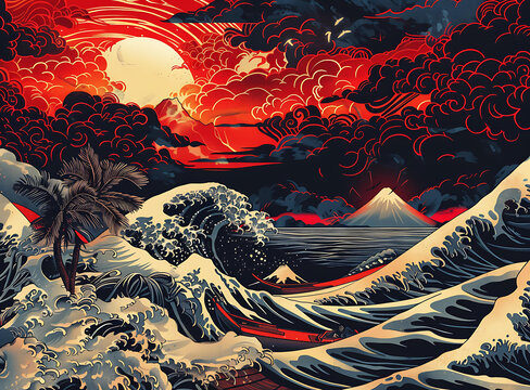 神奈川沖浪里 紅日落 日式