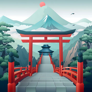 日本傳統(tǒng)建筑紅色鳥(niǎo)居山背景
