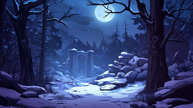 雪夜森林景觀石拱門(mén)月亮