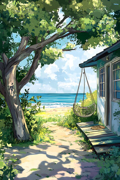 海邊小屋的夏日風景