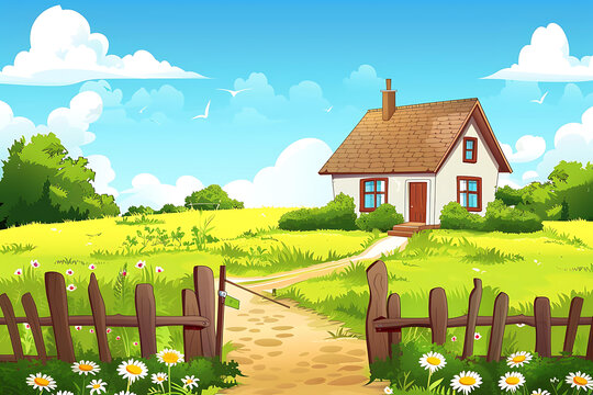 夏日鄉(xiāng)村小屋綠草白柵欄風(fēng)景