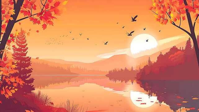秋日山間湖泊夕陽(yáng)風(fēng)景