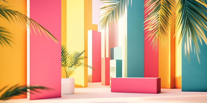 色彩斑斕的墻壁和棕櫚葉的夏季極簡主義背景