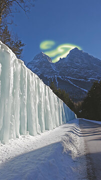 冰雪山峰上的冰瀑布