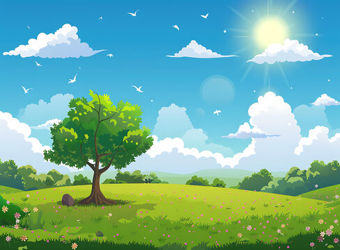 陽光明媚的綠色草地風景